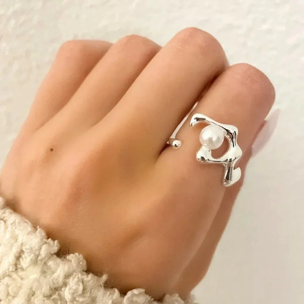 925 Sterling Silver Geometric Pearl Ring Abstract Modern Ring Minimalist Ring